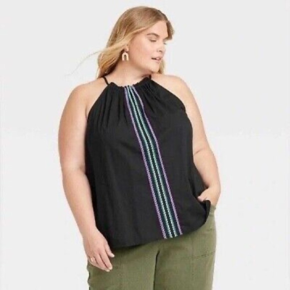Knox Rose Black Embroidered Boho Halter Top Size Medium